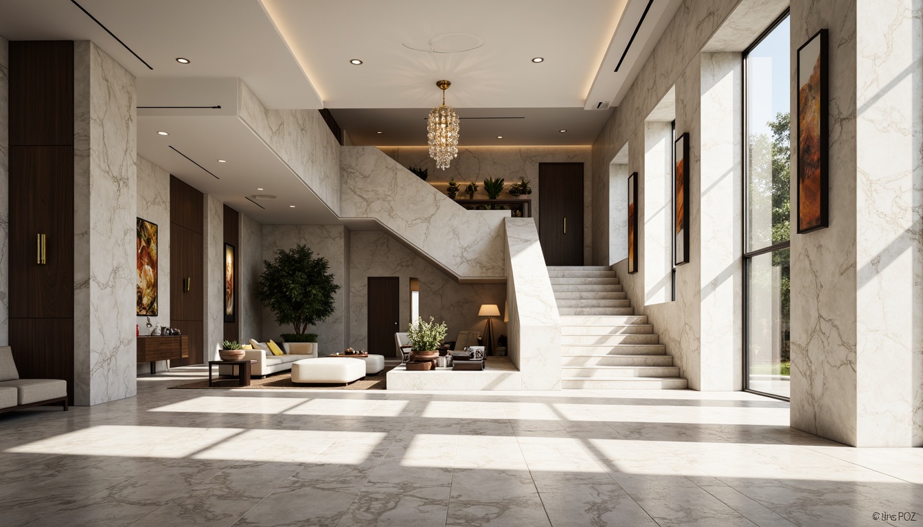 Prompt: Luxurious marble-clad fa\u00e7ade, sleek minimalist lines, grandiose entrance hall, sweeping staircase, opulent chandeliers, richly veined marble floors, crisp white walls, floor-to-ceiling windows, dramatic natural light, subtle shading, 1/2 composition, soft focus, warm ambient lighting, high-contrast textures, detailed architectural elements, lavish interior design, sophisticated color palette, elegant furniture pieces, refined decorative accents.