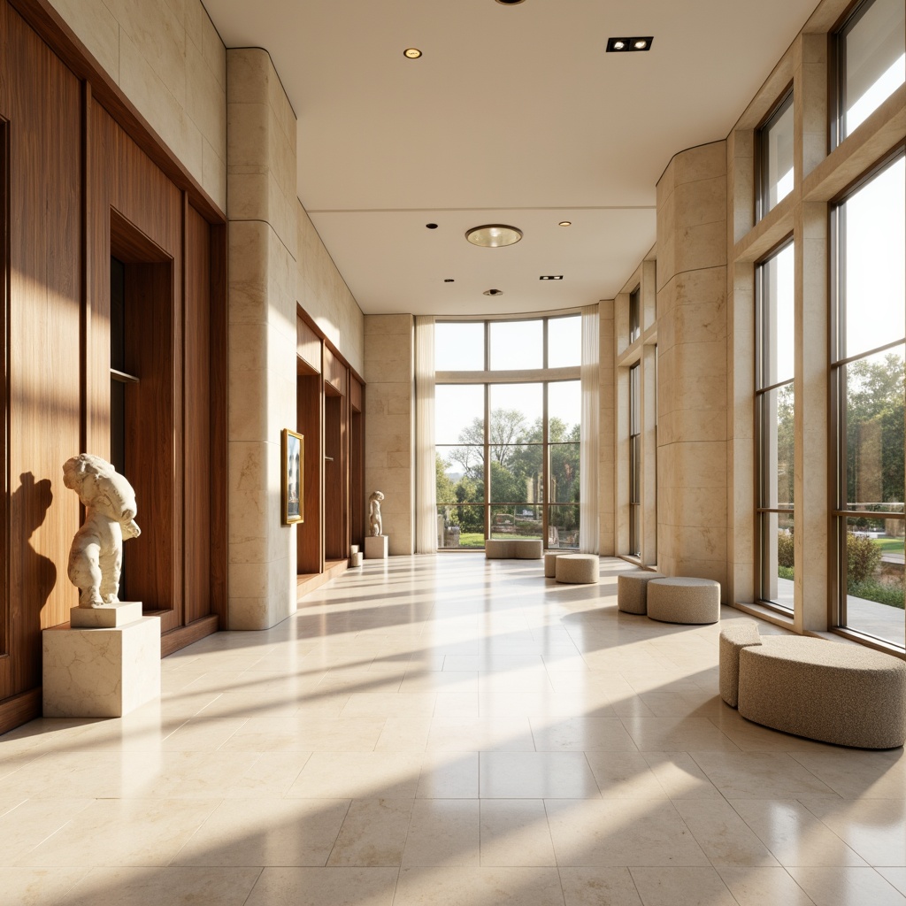 Prompt: Creamy white marble floors, rich walnut wood accents, sleek bronze metalwork, soft cream walls, warm beige stone columns, elegant curved lines, minimalist exhibit spaces, natural light pouring through floor-to-ceiling windows, subtle warm lighting, shallow depth of field, 3/4 composition, realistic textures, ambient occlusion, gentle color transitions, pastel hues, muted earth tones, Art Deco-inspired geometric patterns, luxurious velvet textiles, polished chrome fixtures, modern museum display cases, sophisticated Streamline Moderne architecture.