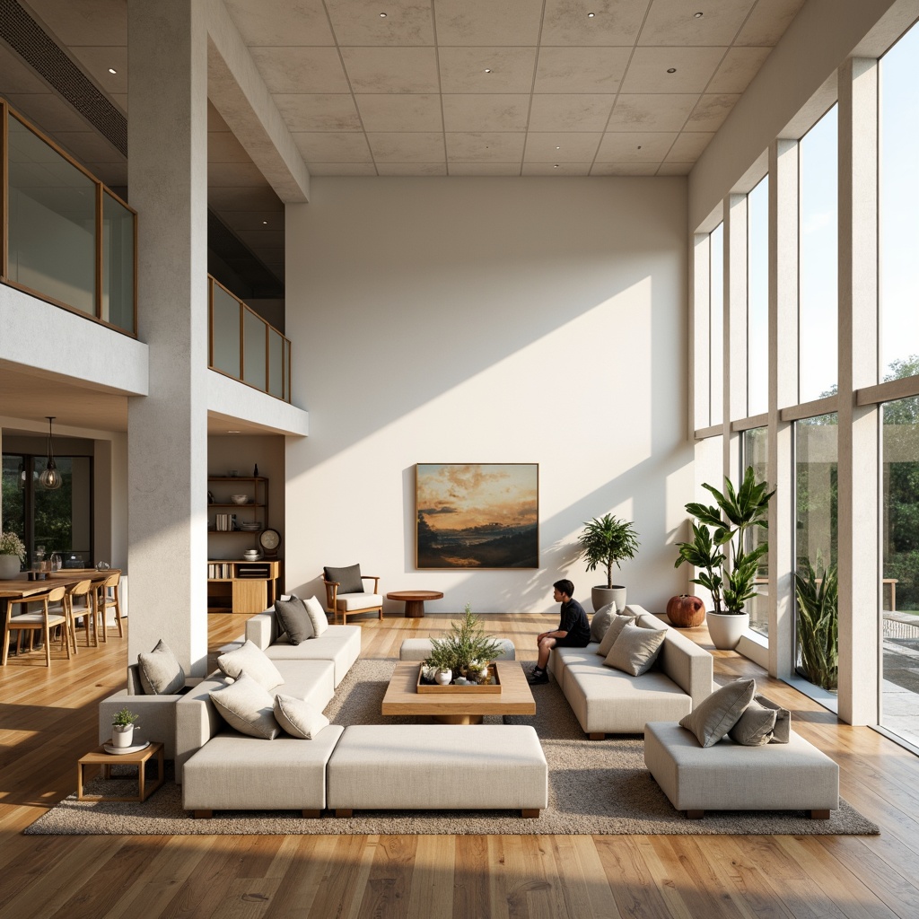 Prompt: Minimalist living room, open floor plan, flowing spaces, high ceilings, large windows, natural light, wooden flooring, sleek lines, modern furniture, comfortable seating areas, cozy reading nooks, social interaction zones, collaborative workspaces, flexible layout, airy atmosphere, warm color scheme, soft ambient lighting, 1/1 composition, shallow depth of field, realistic textures, ambient occlusion.