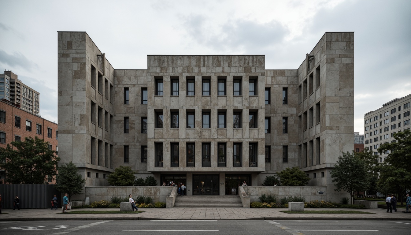 Prompt: Rugged university building, brutalist architecture, concrete fa\u00e7ade, fortress-like structure, geometric patterns, raw textures, industrial materials, minimalist ornamentation, bold rectangular forms, narrow windows, heavy steel doors, urban landscape, overcast sky, dramatic lighting, deep shadows, 1/1 composition, symmetric framing, high-contrast colors, gritty realistic rendering.