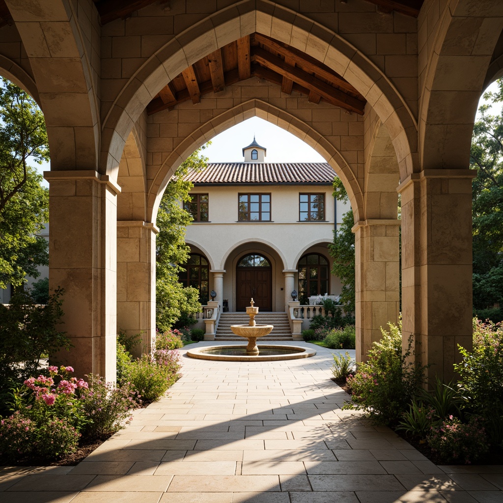 Prompt: Grand villa entrance, ornate stone archways, Tuscan-inspired columns, rustic terracotta roofing, lush greenery, vibrant blooming flowers, tranquil water features, serene courtyard, elegant fountains, classic statues, intricate carvings, warm golden lighting, shallow depth of field, 1/1 composition, realistic textures, ambient occlusion.