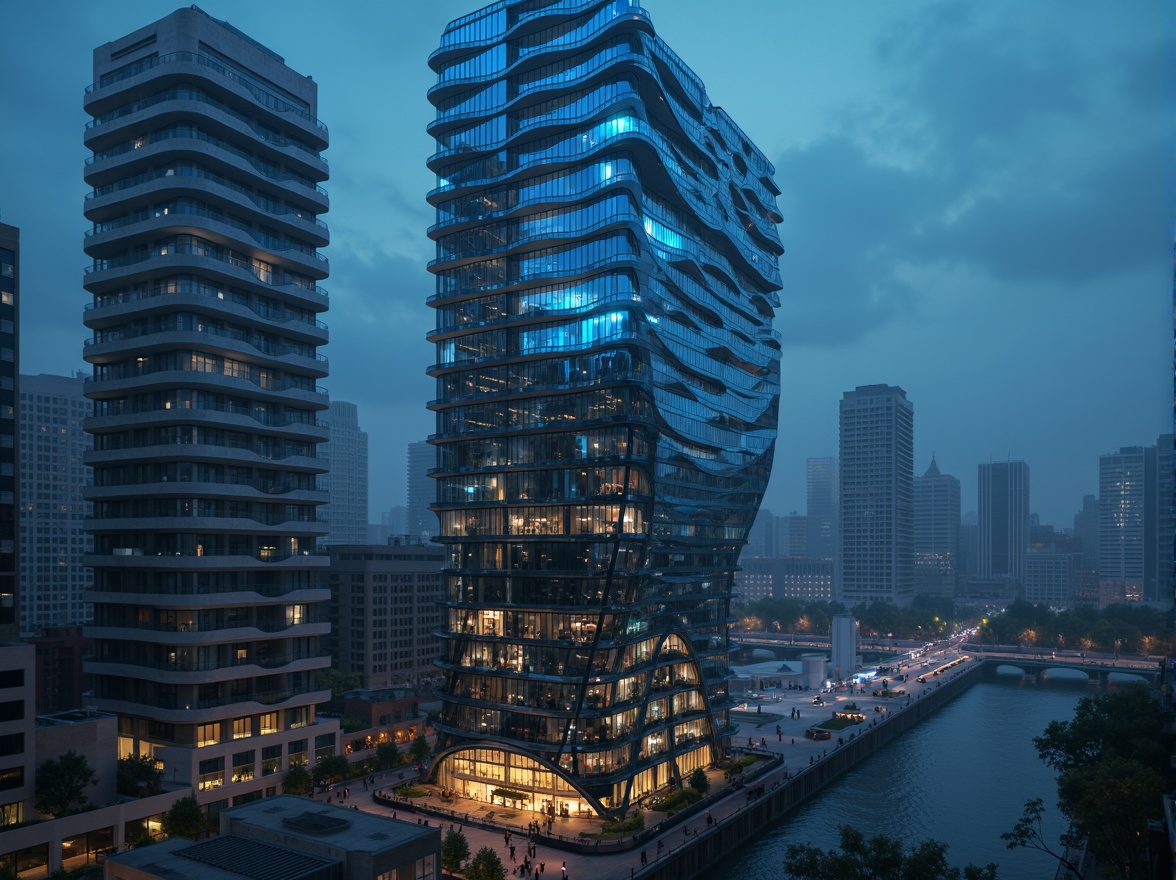 Prompt: Futuristic skyscraper, undulating curves, iridescent glass facade, parametric design, algorithmic patterns, glowing LED lights, neon-lit cityscape, misty night atmosphere, shallow depth of field, 1/1 composition, wide-angle lens, cinematic lighting, atmospheric fog, avant-garde architecture, innovative materials, cantilevered structures, fractured geometries, distorted reflections, fragmented forms, cyberpunk aesthetics, dystopian ambiance.