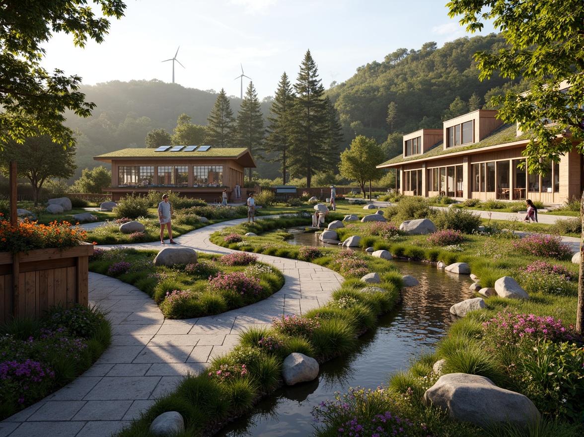 Prompt: Whimsical community center, lush green roofs, solar panels, wind turbines, vibrant flower walls, rustic wooden accents, natural stone pathways, meandering streams, serene forest surroundings, soft warm lighting, shallow depth of field, 3/4 composition, panoramic view, realistic textures, ambient occlusion, eco-friendly materials, innovative cooling technologies, shaded outdoor spaces, misting systems, charming cottages, cozy porches, vintage decorative elements, distressed wood finishes, earthy color palette.