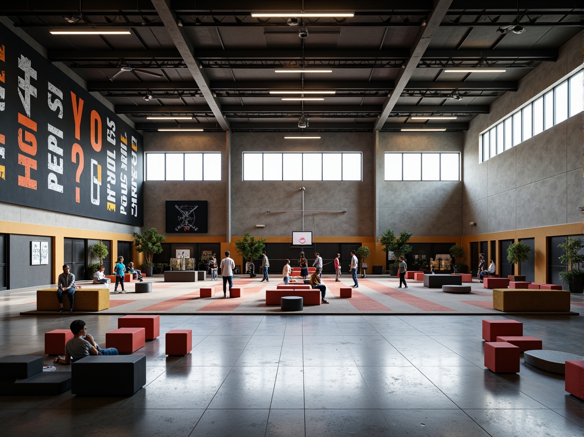 Prompt: Geometric gymnasium interior, minimalist decor, industrial materials, steel beams, concrete floors, functional lighting, open floor plans, free-flowing spaces, modular furniture, bold color accents, typography-inspired murals, graphic patterns, rectangular shapes, clean lines, athletic equipment, sports facilities, modernist architecture, large windows, natural light, 1/1 composition, high-contrast lighting, dramatic shadows, atmospheric mood.