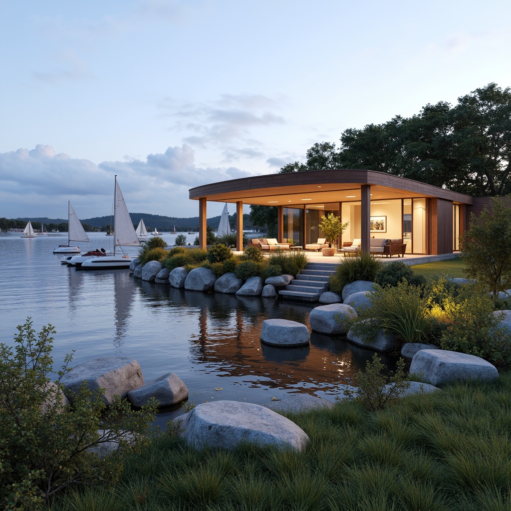 Prompt: Waterfront location, serene lake views, wooden docks, sailboats, eco-friendly boathouse design, reclaimed wood accents, natural stone foundations, green roofs, solar panels, rainwater harvesting systems, living walls, recycled metal exteriors, low-carbon concrete, bamboo flooring, FSC-certified timber, organic forms, curved lines, minimalist interior design, large windows, sliding glass doors, soft warm lighting, shallow depth of field, 3/4 composition, panoramic view, realistic textures, ambient occlusion.