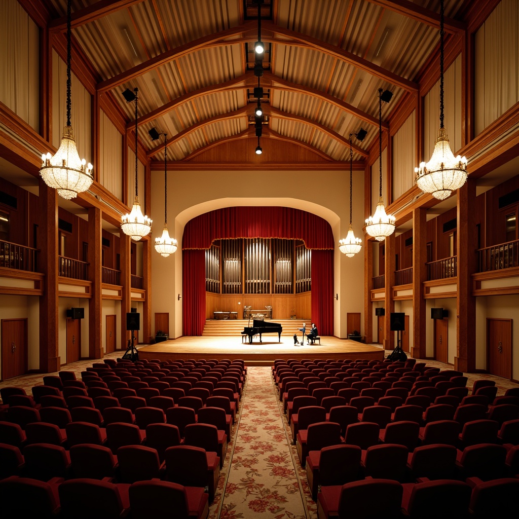 Prompt: Elegant concert hall, ornate chandeliers, rich wood paneling, plush velvet seats, grand piano, spotlight illumination, acoustic ceiling panels, sound-absorbing curtains, reverberation-enhancing architecture, curved lines, minimalist stage design, professional-grade audio equipment, microphone stands, speaker systems, warm ambient lighting, 1/2 composition, shallow depth of field, soft focus, realistic textures.