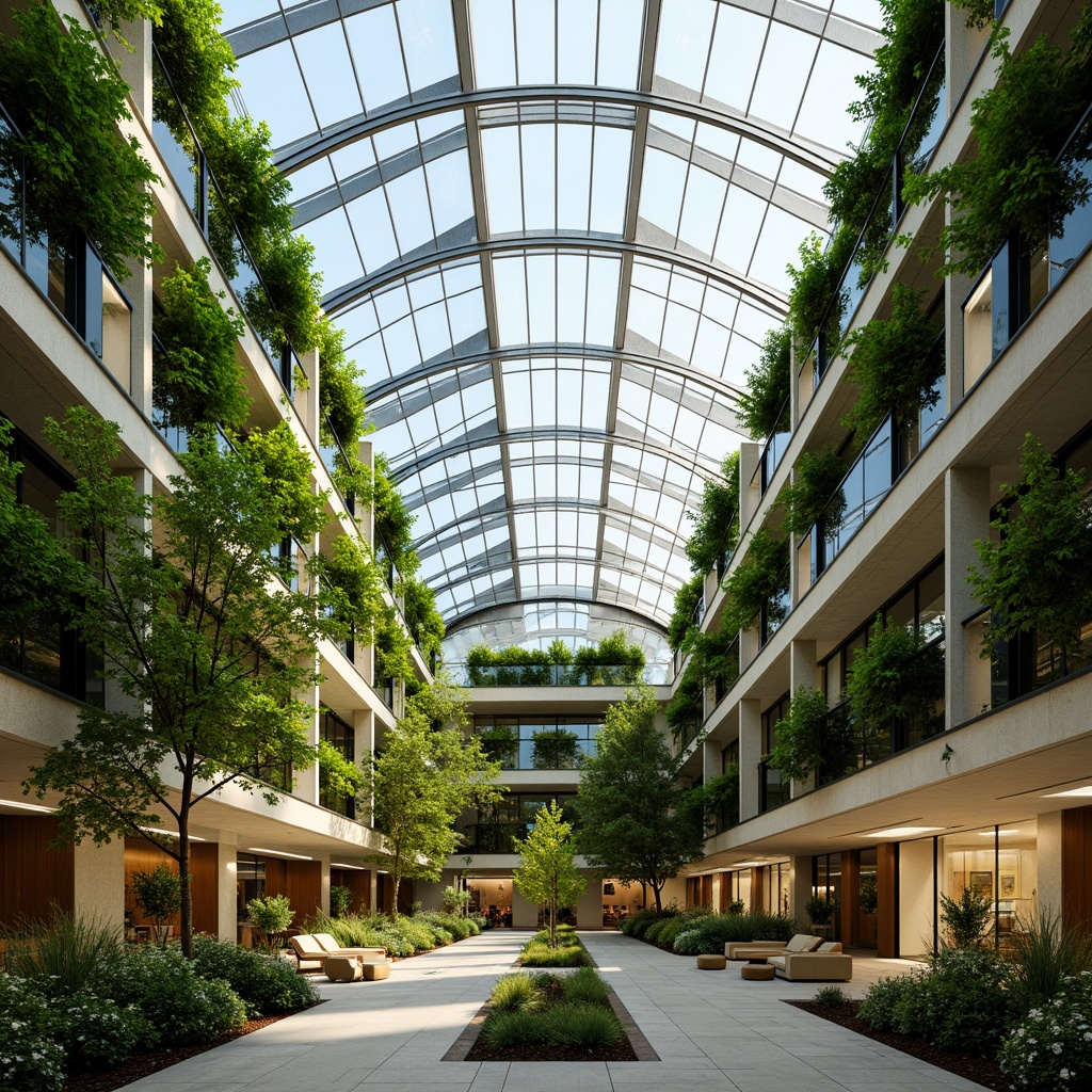 Prompt: Vibrant atrium, lush green walls, floor-to-ceiling windows, transparent glass roofs, clerestory windows, skylights, solar tubes, light shelves, reflective surfaces, minimal obstructions, open floor plans, spacious interiors, natural ventilation systems, energy-efficient designs, sustainable building materials, warm earthy tones, soft diffused lighting, high ceilings, airy feel, 3/4 composition, panoramic view, realistic textures, ambient occlusion.