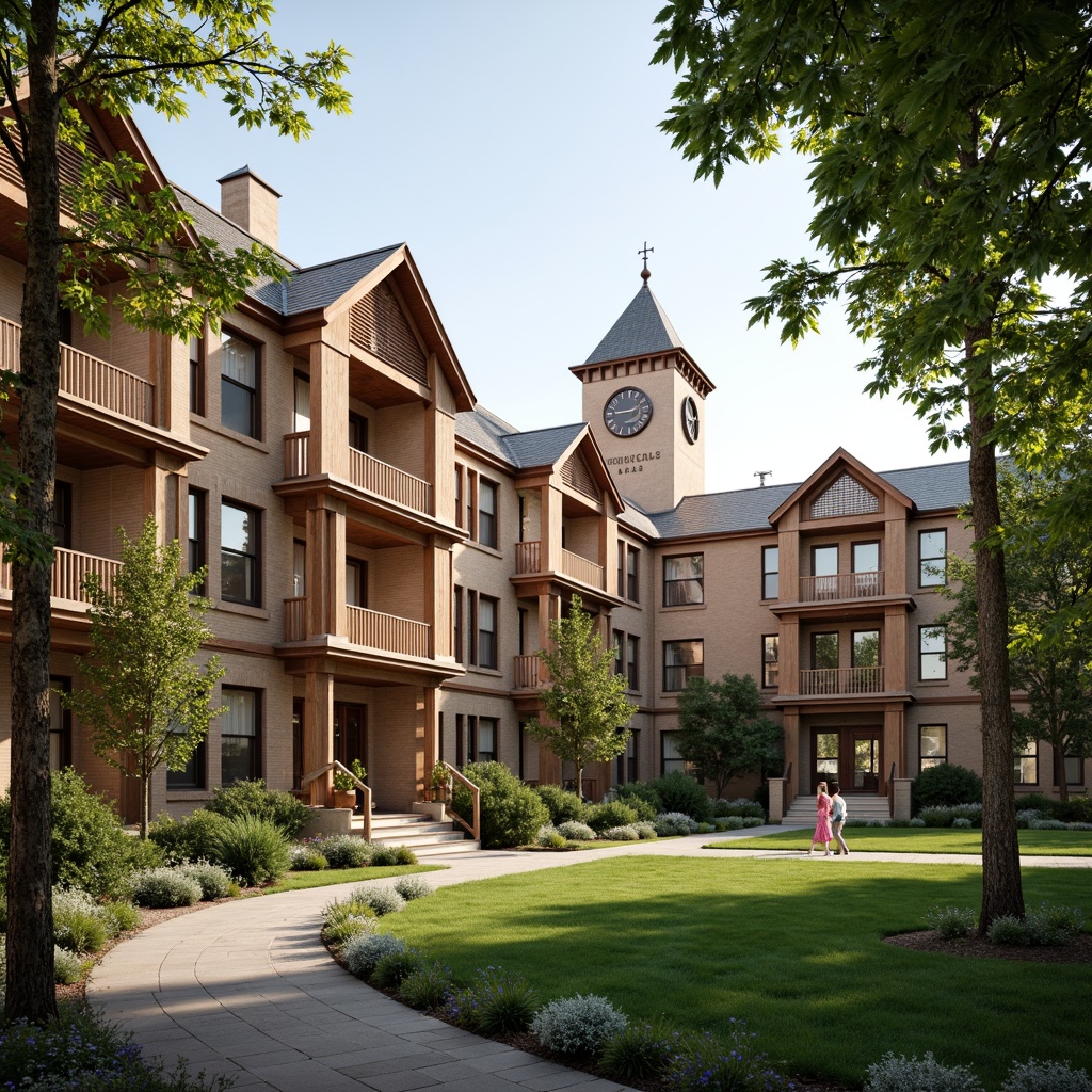 Prompt: Traditional university buildings, rustic brick facades, ornate stone carvings, warm beige tones, earthy brown colors, rich wood accents, vintage educational signs, classic clock towers, sprawling green lawns, shaded walkways, natural sunlight, soft warm lighting, 3/4 composition, realistic textures, ambient occlusion.