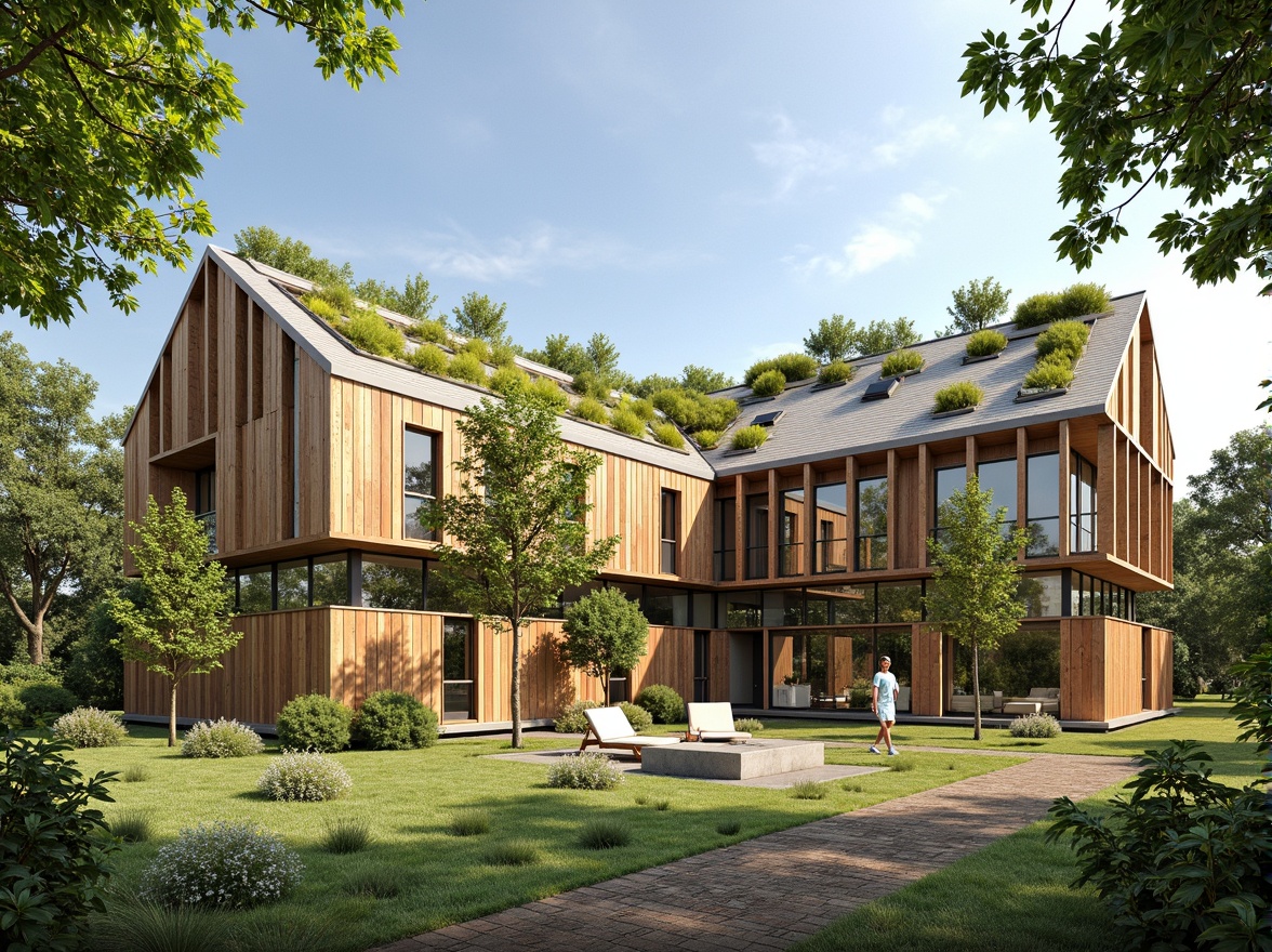 Prompt: Eco-friendly buildings, natural materials, reclaimed wood, low-carbon footprint, green roofs, living walls, solar panels, wind turbines, rainwater harvesting systems, recycled metal structures, bamboo facades, cross-laminated timber, organic insulation, earthy color palette, natural textures, minimal waste construction, energy-efficient design, passive house principles, optimized building orientation, abundant natural light, airy interior spaces, 3/4 composition, shallow depth of field, realistic renderings, ambient occlusion.