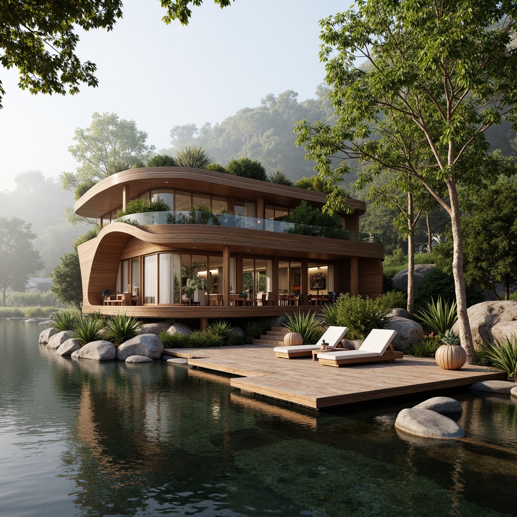 Prompt: Waterfront boathouse, organic curves, natural materials, wooden accents, stone foundations, lush greenery, overhanging plants, serene lake views, misty morning atmosphere, soft warm lighting, shallow depth of field, 3/4 composition, panoramic view, realistic textures, ambient occlusion, dockside seating areas, nautical-themed decorations, eclectic art pieces, reclaimed wood furniture, earthy color palette, eco-friendly design, sustainable building practices, solar panels, rainwater harvesting systems, living roofs, native plant species, winding boardwalks, scenic lookout points.