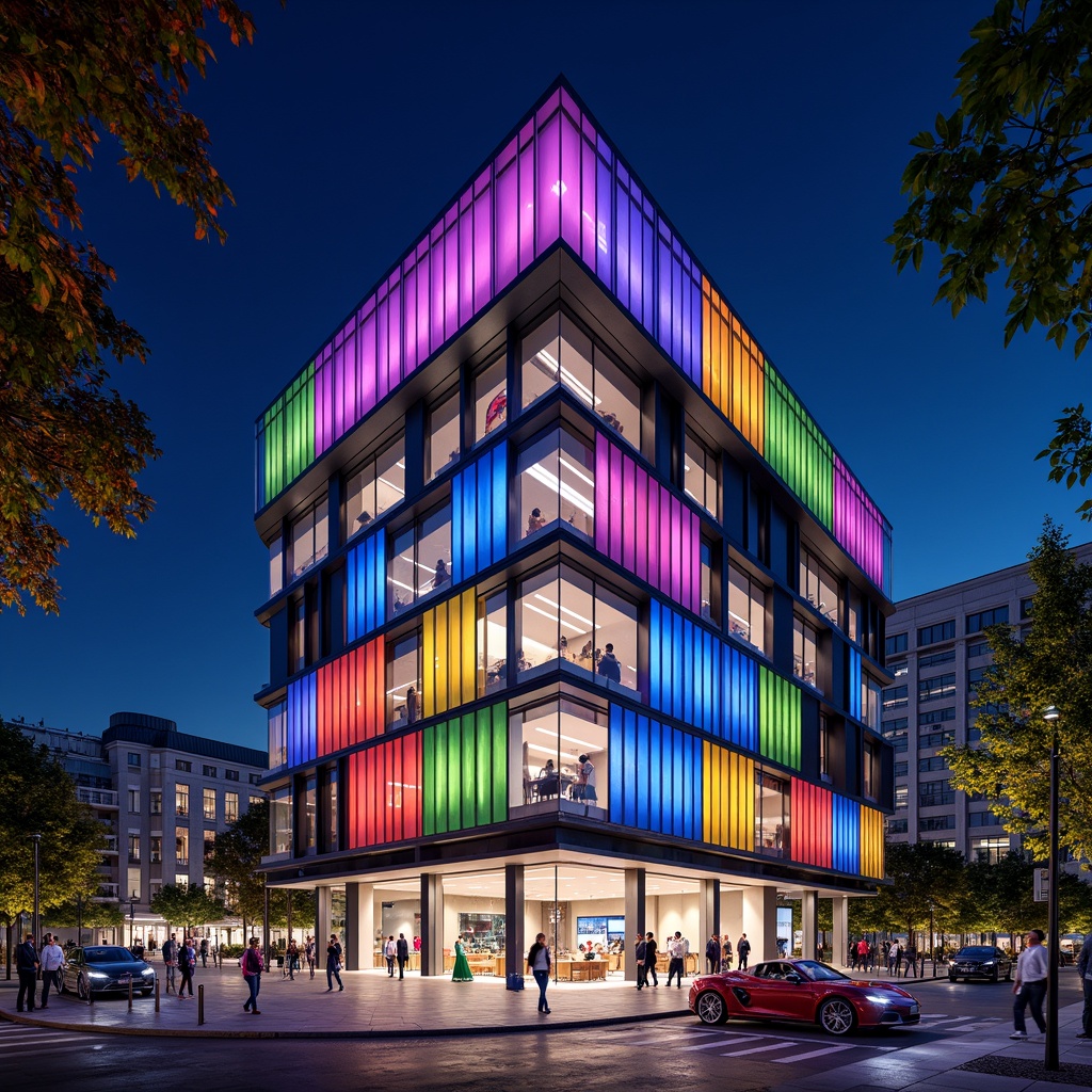 Prompt: Vibrant color scheme, bold geometric patterns, sleek metallic accents, cantilevered awnings, futuristic LED lighting, asymmetrical composition, modern angular lines, glass and steel materials, urban cityscape, dramatic nighttime illumination, shallow depth of field, 3/4 composition, panoramic view, realistic reflections, ambient occlusion.