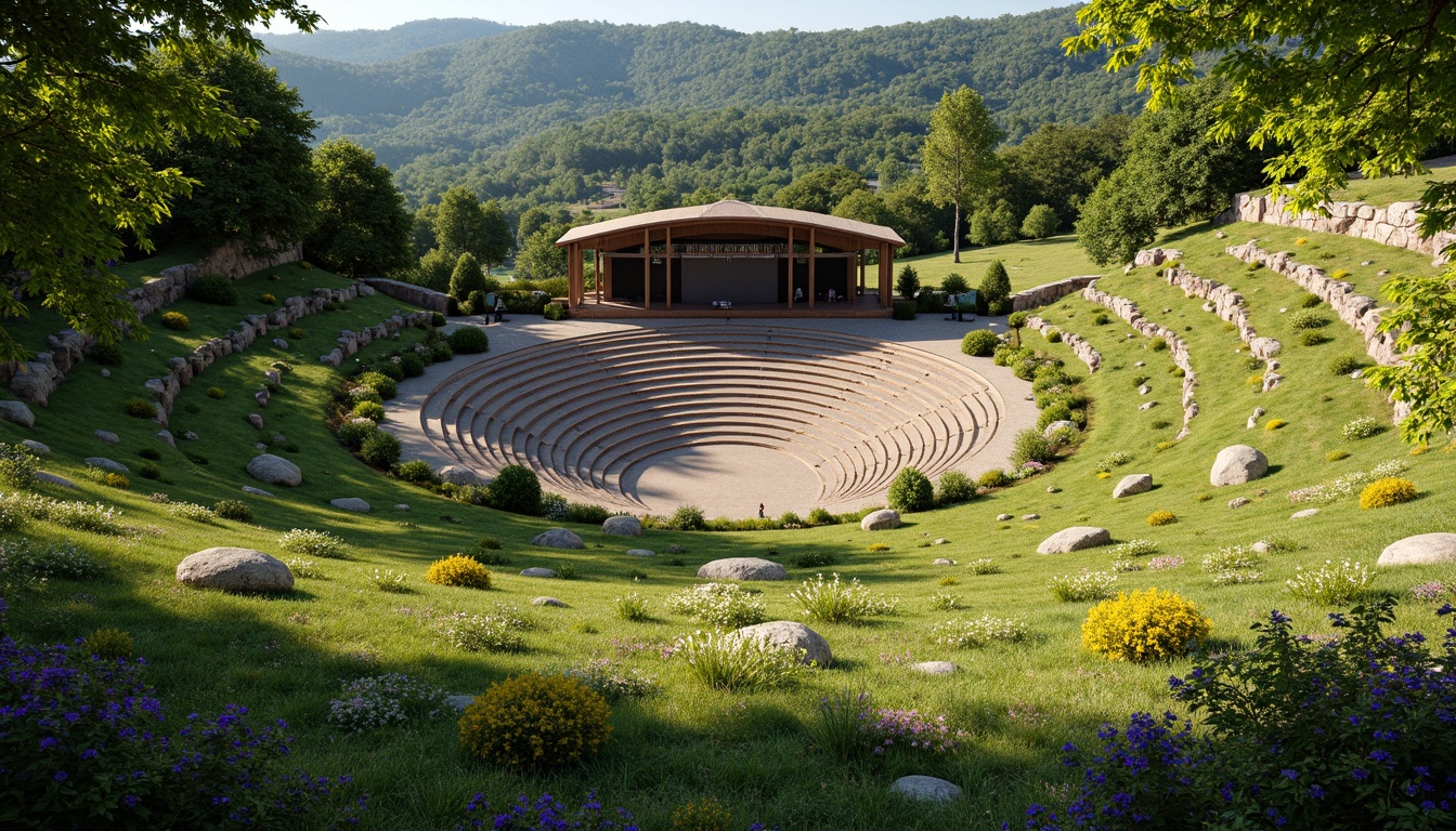 Prompt: Natural hillside amphitheater, lush green grass, wooden seating areas, scenic overlooks, meandering pathways, rustic stone walls, native plant species, vibrant wildflowers, sunny afternoon, warm soft lighting, shallow depth of field, 3/4 composition, panoramic view, realistic textures, ambient occlusion, curved tiered seating, elevated performance stage, outdoor concert setting, leisurely recreational activities, picnic areas, tranquil atmosphere.