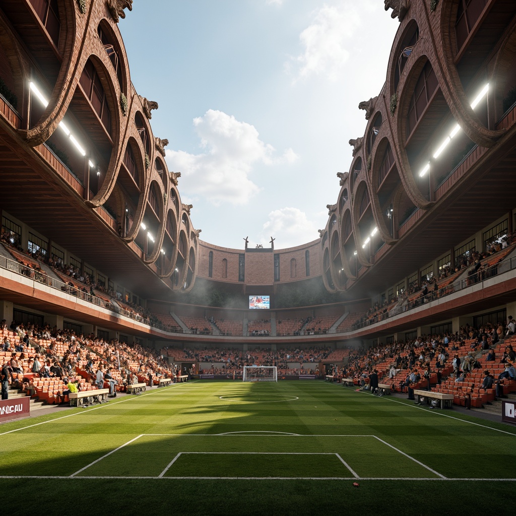 Prompt: Grandiose football stadium, medieval-inspired architecture, ornate stone carvings, ribbed vaulted ceilings, pointed arches, flying buttresses, grand staircases, lavish balconies, intricate gargoyles, rust-colored brick fa\u00e7ades, weathered copper roofing, stained glass windows, rich wood accents, velvety green pitch, atmospheric fog effects, warm golden lighting, dramatic spotlights, symmetrical composition, cinematic wide-angle shots, realistic textures, ambient occlusion.