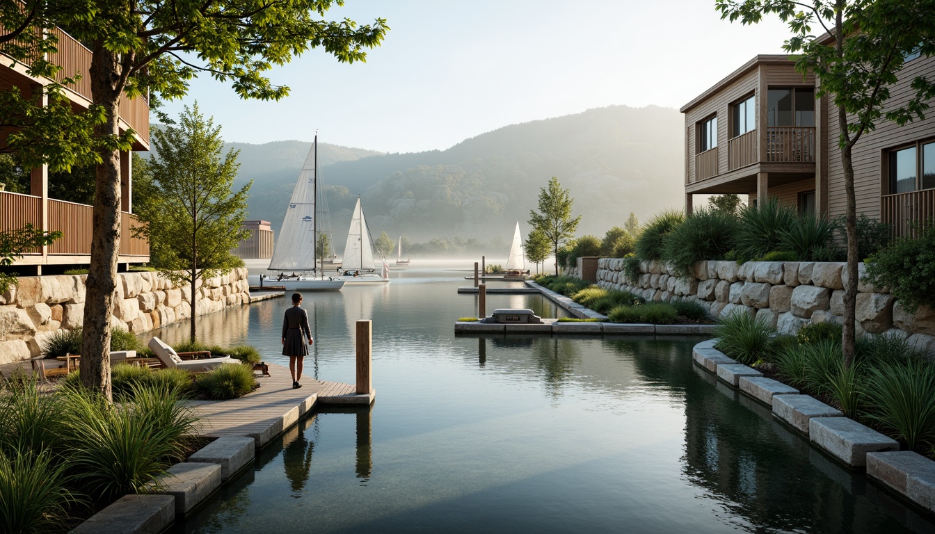 Prompt: Waterfront location, serene lake views, lush greenery, natural stone walls, wooden docks, sailboats, organic architecture, curved lines, earthy tones, reclaimed wood accents, living roofs, native plant species, misty mornings, soft warm lighting, shallow depth of field, 1/1 composition, panoramic view, realistic textures, ambient occlusion.