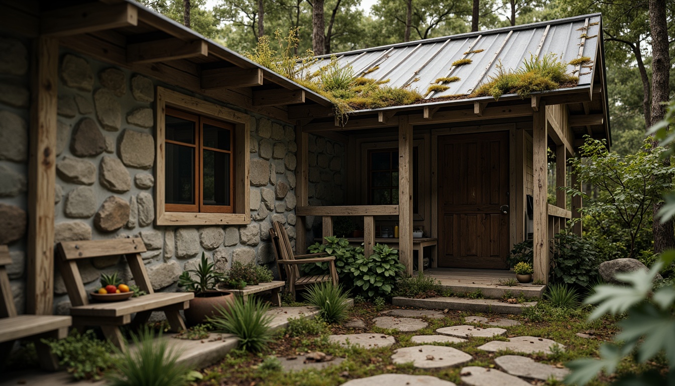 Prompt: Rustic wooden cabin, weathered stone walls, moss-covered roofs, overgrown vegetation, distressed metal accents, earthy color palette, natural textures, irregular shapes, warm atmospheric lighting, soft focus blur, shallow depth of field, 2/3 composition, intimate framing, realistic materials, ambient occlusion.Please let me know if this meets your expectations!