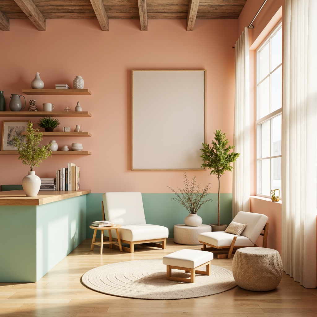 Prompt: Vibrant design studio, natural light pouring in, pastel color scheme, soft peach walls, calming mint accents, creamy white furniture, warm beige flooring, eclectic decorative objects, minimalist wooden shelves, subtle texture contrasts, golden ratio composition, airy atmosphere, gentle gradient transitions, soft focus effect, 1/2 camera angle, cinematic lighting, realistic material reflections.