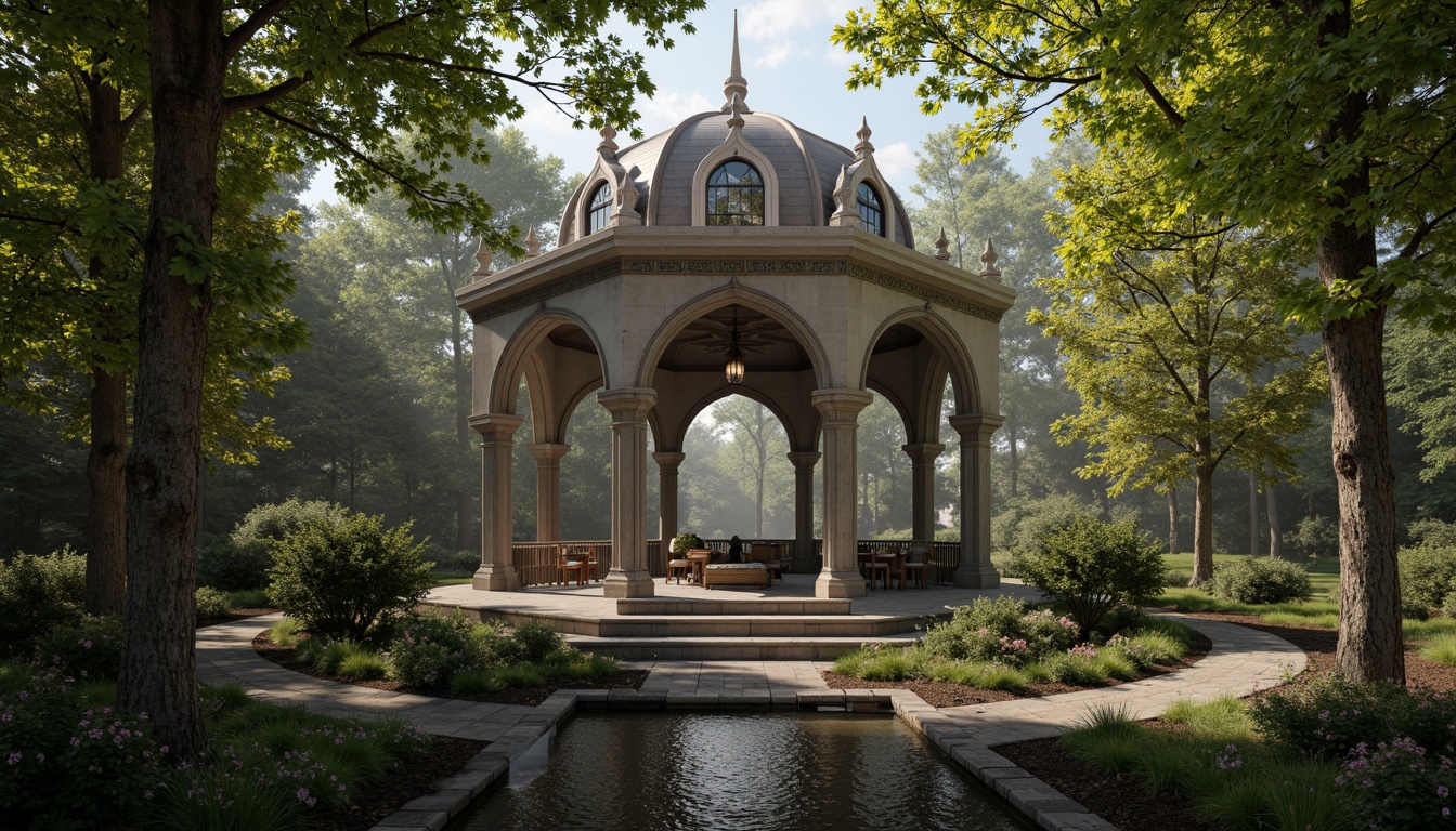 Prompt: Majestic pavilion, intricate Gothic arches, ornate stone carvings, grandiose vaulted ceilings, mystical stained glass windows, lush greenery surroundings, natural stone pathways, meandering water features, serene forest backdrop, misty morning atmosphere, soft warm lighting, subtle depth of field, 1/2 composition, cinematic view, realistic textures, ambient occlusion.