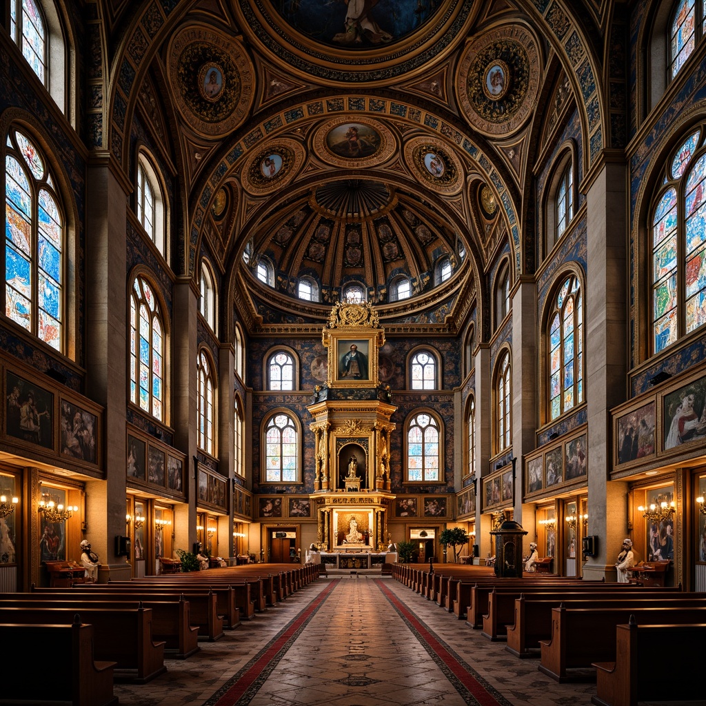 Prompt: Intricate Byzantine church, ornate stained glass windows, vibrant colors, golden mosaics, majestic domes, arched ceilings, lavish decorations, ornamental patterns, intricate stone carvings, sacred icons, dim warm lighting, soft shadows, 1/1 composition, symmetrical framing, realistic textures, ambient occlusion.