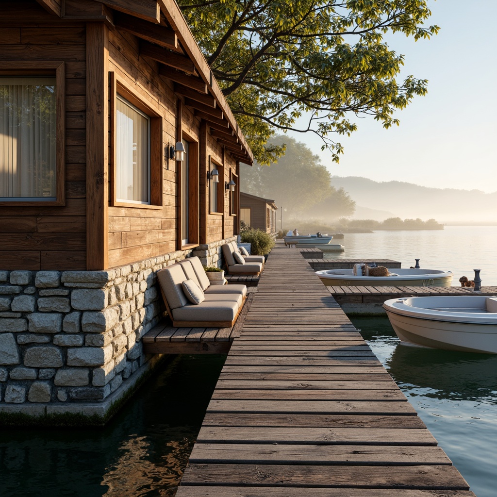 Prompt: Waterfront boathouse, rustic wooden docks, nautical rope details, weathered wooden planks, soft misty mornings, warm golden lighting, serene lake reflections, natural stone foundations, earthy brown colors, sky blue accents, crisp white trim, distressed wood textures, cozy interior nooks, plush navy upholstery, rich walnut wood tones, sunny afternoon ambiance, 1/1 composition, shallow depth of field, realistic water ripples.