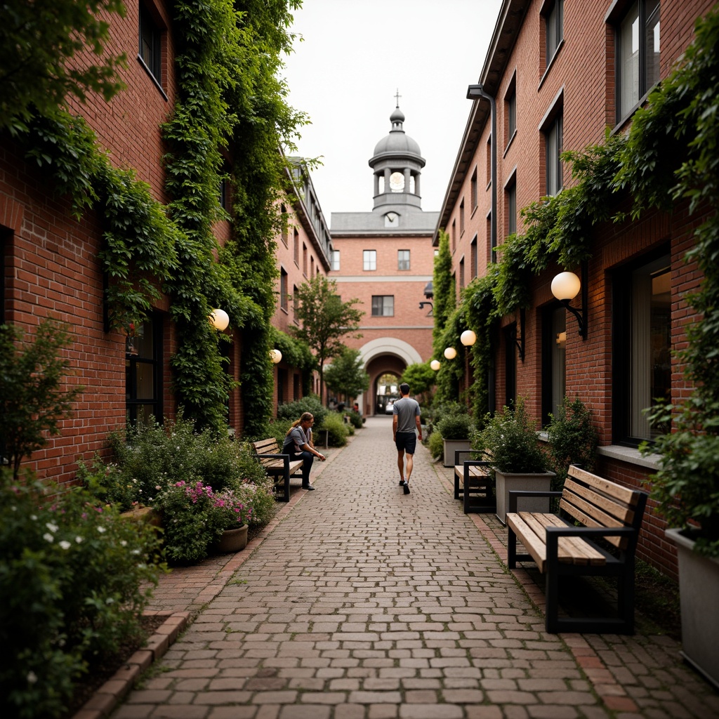 Prompt: Rustic brick walls, ivy-covered buildings, worn stone pathways, vintage street lamps, lush greenery, blooming flowers, wooden benches, nostalgic signage, classic clock towers, ornate fountains, soft warm lighting, shallow depth of field, 1/2 composition, intimate atmosphere, realistic textures, ambient occlusion.