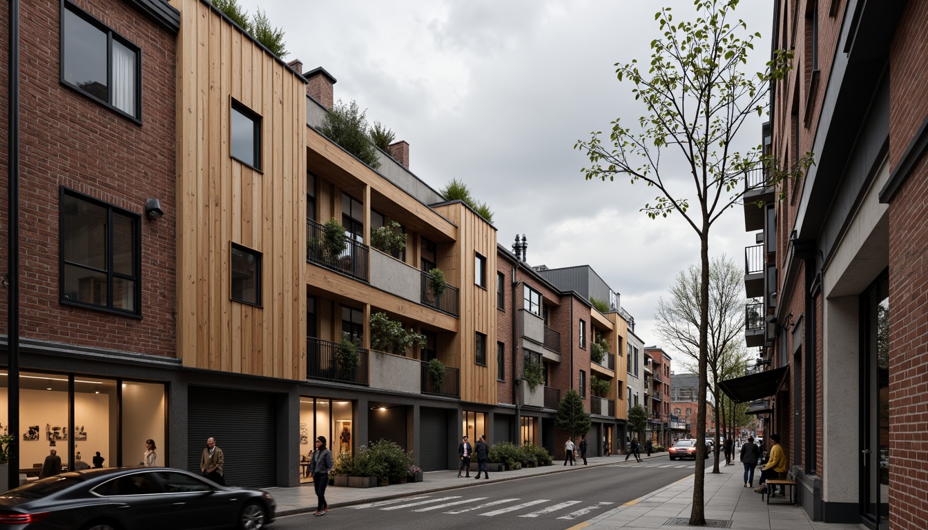 Prompt: Industrial fusion buildings, exposed brick walls, metallic accents, reclaimed wood textures, neutral tones, earthy brown colors, weathered steel beams, urban cityscape, cloudy grey skies, soft natural lighting, 3/4 composition, shallow depth of field, realistic material rendering.