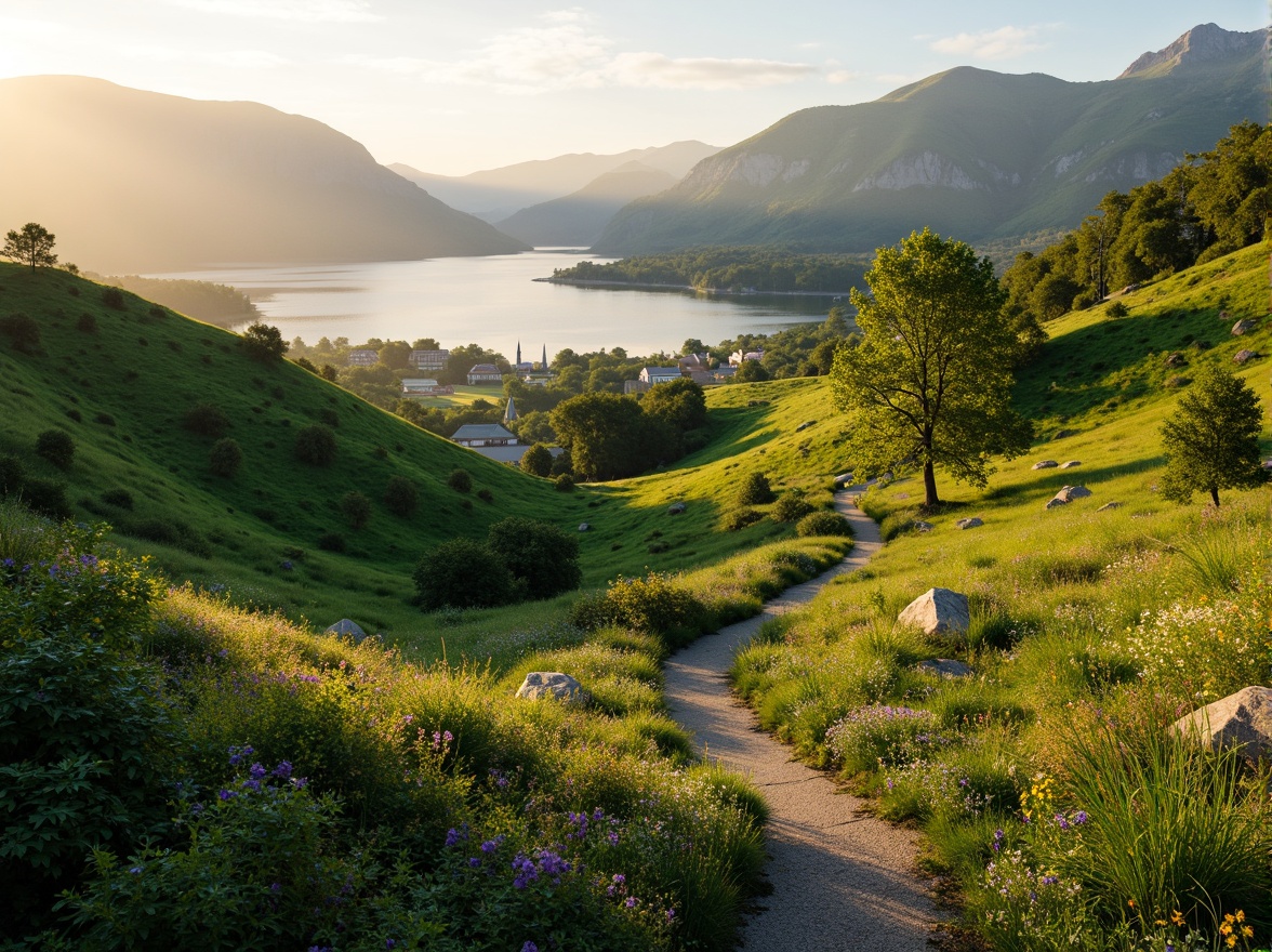 Prompt: Sweeping natural curves, rolling hills, lush greenery, vibrant wildflowers, meandering stone pathways, serene lakeside, rustic wooden bridges, scenic lookout points, majestic mountain ranges, atmospheric mist, warm golden lighting, soft focus, shallow depth of field, 2/3 composition, symmetrical framing, realistic textures, ambient occlusion.Let me know if you need any adjustments!