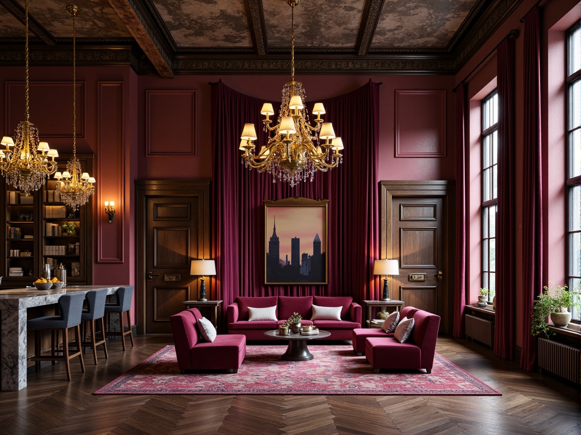 Prompt: Rich plum accent walls, luxurious velvet furnishings, warm golden lighting, ornate wooden paneling, grand chandeliers, sophisticated urban loft, industrial chic decor, exposed brick texture, metal beam ceilings, lavish drapery, opulent marble countertops, deep berry-toned wood floors, plush area rugs, intimate ambiance, cozy reading nooks, soft focus photography, 1/1 composition, warm color harmony, inviting atmosphere.