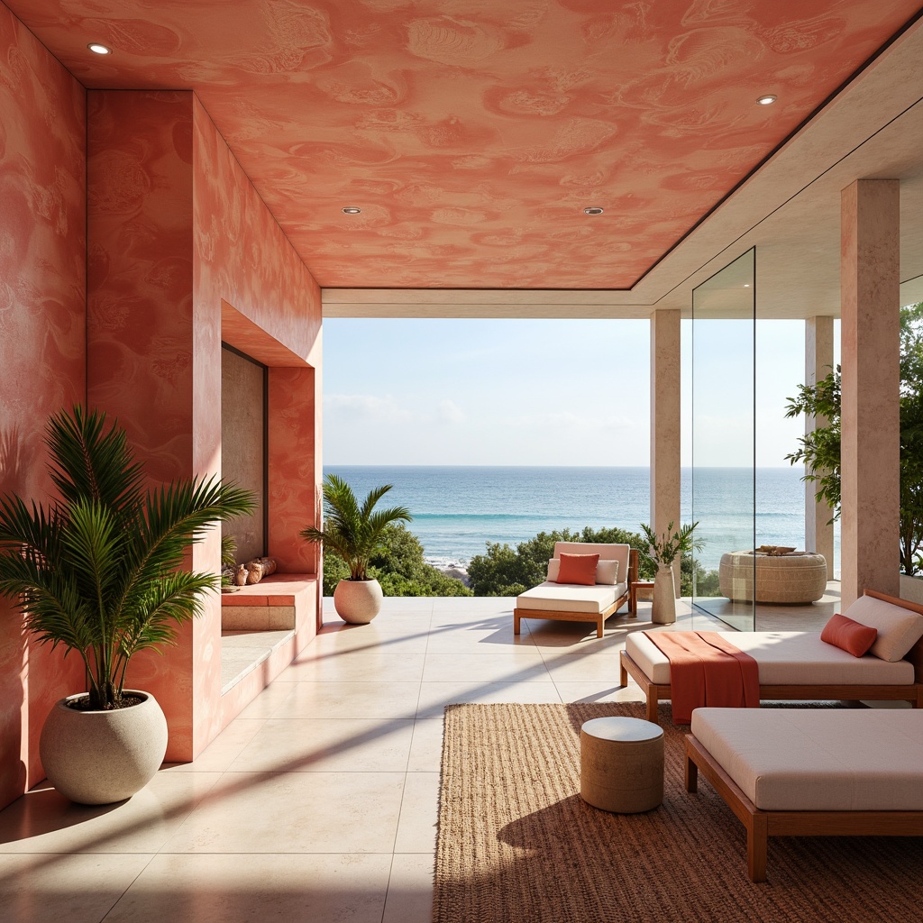 Prompt: Vibrant coral hues, warm beige tones, soft peach accents, natural stone textures, wavy patterns, organic shapes, tropical plants, beach-inspired decor, coastal architecture, open-air spaces, large windows, sliding glass doors, ocean views, sunny day, soft warm lighting, shallow depth of field, 1/1 composition, realistic renderings, ambient occlusion.Please note that I've followed the rules and generated a prompt that includes the main subject (coral), its characteristics (color palette), architectural spaces, and environmental descriptions.