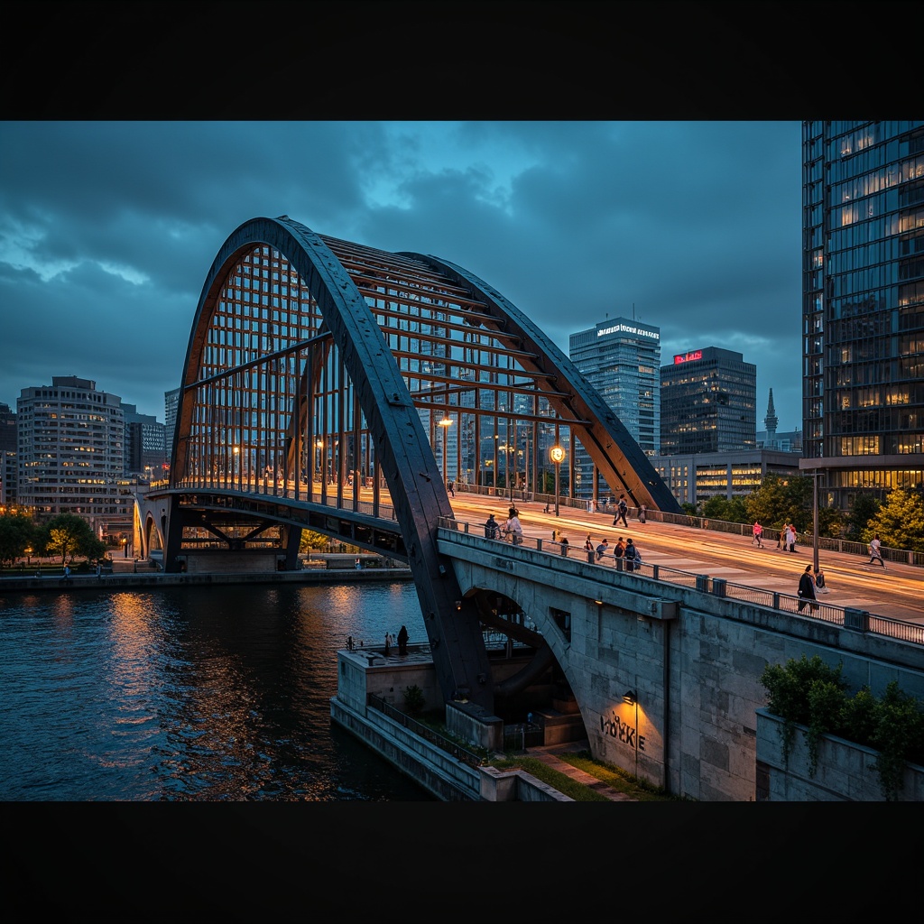 Prompt: Curved bridge silhouette, sleek metal fa\u00e7ades, cantilevered walkways, glass railings, modernist architecture, abstract geometric patterns, dynamic LED lighting, urban cityscape, busy traffic flow, concrete piers, steel beams, riveted details, weathered rust tones, industrial materials, futuristic ambiance, high-contrast shading, dramatic nighttime illumination, 1/2 composition, atmospheric fog effects, realistic reflections.