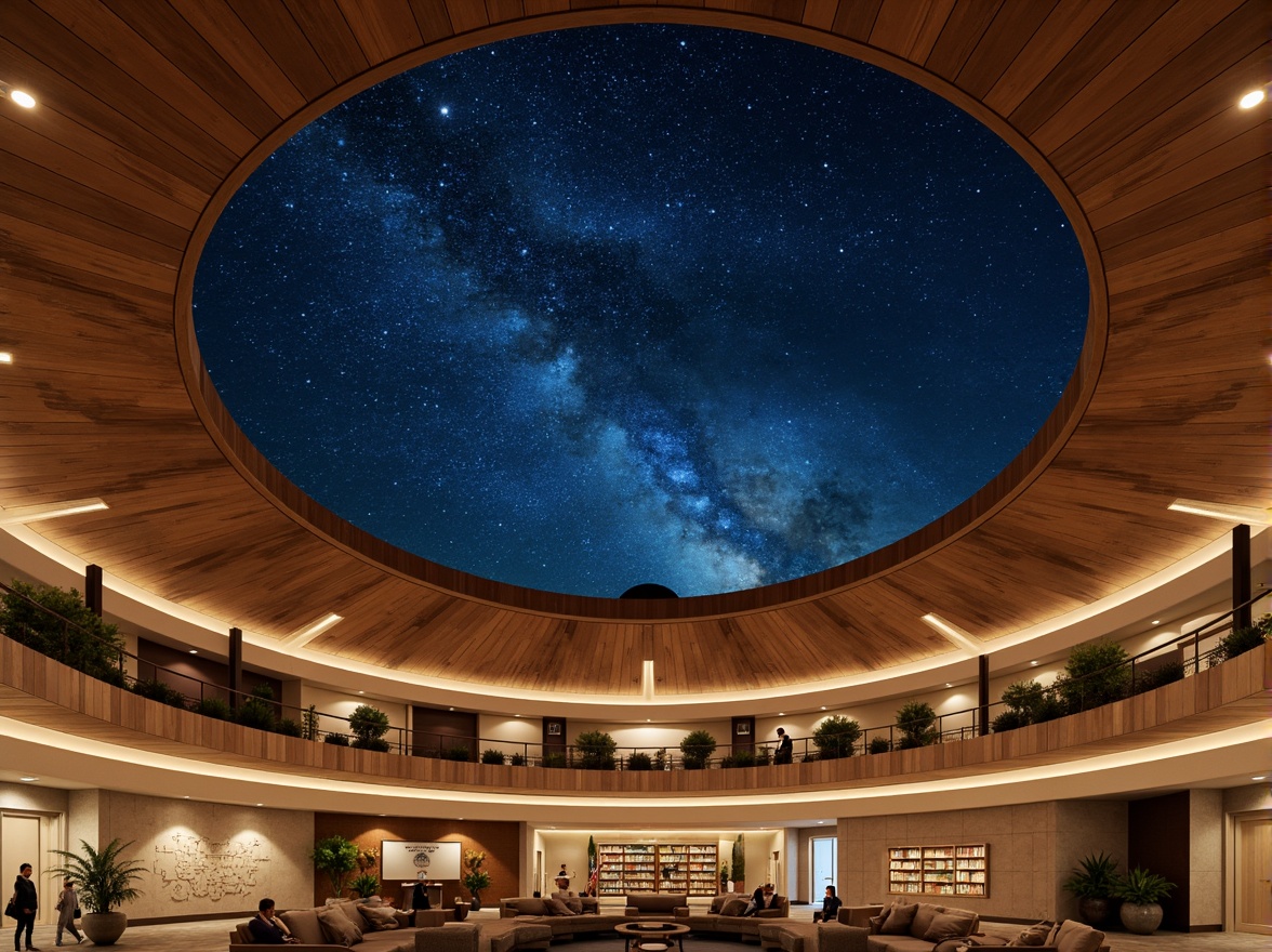 Prompt: Celestial planetarium, stargazing dome, dark blue night sky, twinkling stars, rich wood accents, earthy tones, warm beige stone walls, polished metal trim, soft warm lighting, cozy reading nooks, academic signage, constellation patterns, spherical architecture, futuristic curves, minimal ornamentation, natural materials, subtle texture variation, shallow depth of field, 1/1 composition, realistic reflections, ambient occlusion.