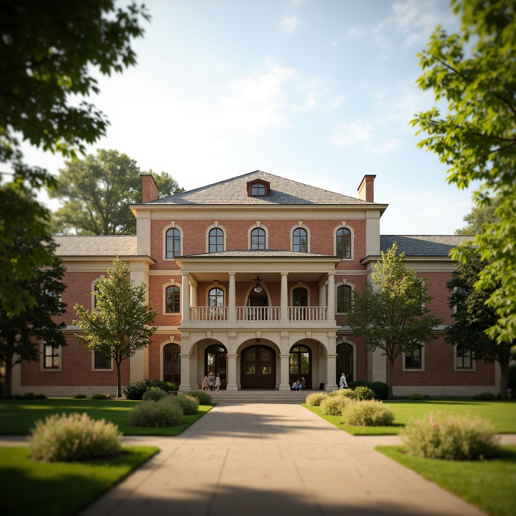 Prompt: Institute academic building, classical facade, symmetrical composition, stone columns, arched windows, ornate details, warm beige tone, rustic brick walls, slate roof tiles, manicured lawn, blooming flower beds, mature trees, sunny afternoon, soft natural lighting, shallow depth of field, 3/4 composition, realistic textures, ambient occlusion.