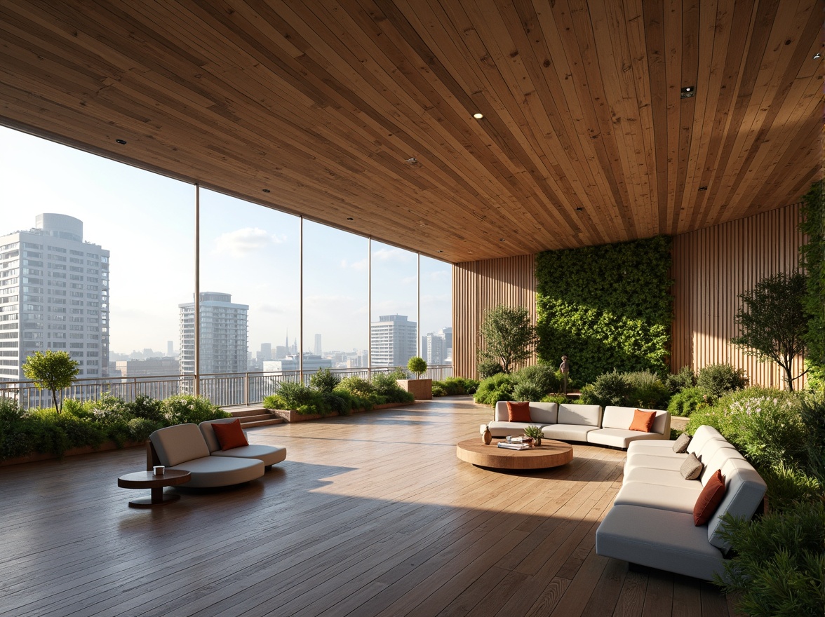 Prompt: Luxurious penthouse, organic curves, natural materials, reclaimed wood accents, living green walls, lush rooftop garden, panoramic city views, floor-to-ceiling windows, sliding glass doors, minimalist interior design, sleek modern furniture, warm ambient lighting, soft natural textures, 1/1 composition, shallow depth of field, realistic renderings.