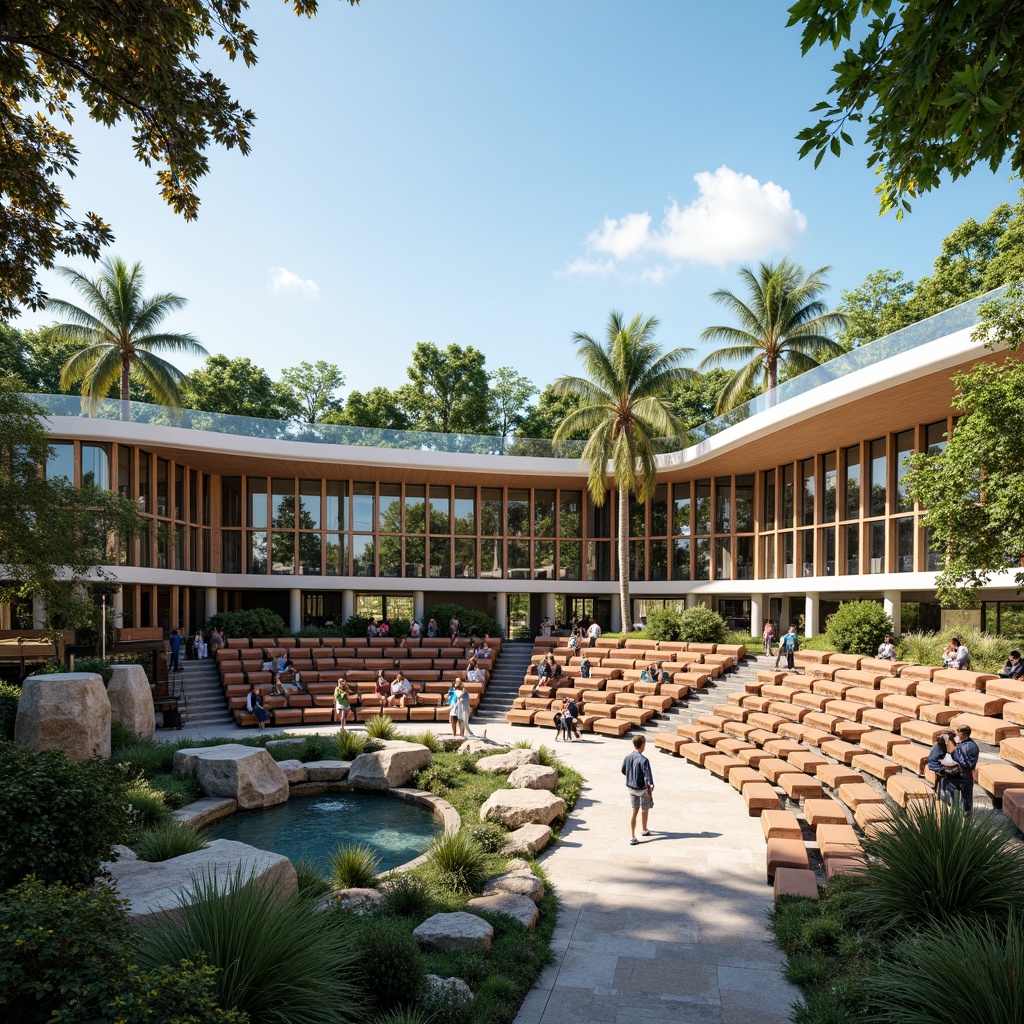 Prompt: Vibrant performing arts center, curved architectural lines, transparent glass fa\u00e7ade, lush green roofs, outdoor amphitheater, natural stone seating, waterfall features, tropical plants, warm sunny day, soft diffused lighting, shallow depth of field, 3/4 composition, panoramic view, realistic textures, ambient occlusion, eclectic interior design, modern art installations, flexible performance spaces, acoustic panels, state-of-the-art sound systems, dynamic LED lightings, innovative stage designs.