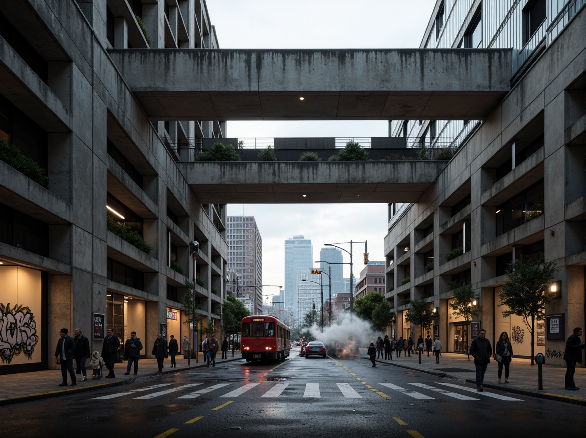 Prompt: Concrete brutalist architecture, urban train station, industrial steel beams, exposed ductwork, raw concrete textures, geometric shapes, angular lines, minimalist design, functional layout, busy city streets, morning rush hour, steam-emitting trains, metal railings, urban graffiti, modern cityscape, overcast sky, dramatic shadows, low-angle shot, 1/2 composition, cinematic lighting, realistic materials.