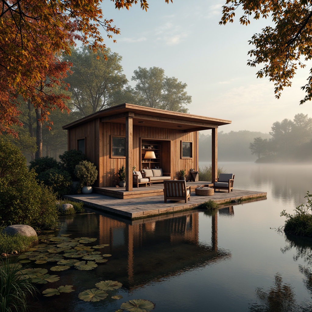 Prompt: Rustic wooden boathouse, warm earthy tones, natural lake surroundings, lush greenery, water reflections, misty morning light, soft warm atmosphere, vintage nautical accents, distressed wood textures, weathered metal details, cozy interior spaces, plush furnishings, rich navy blues, creamy whites, earthy reds, sunny yellows, soft peach hues, gentle gradient skies, 1/2 composition, shallow depth of field, realistic water effects.