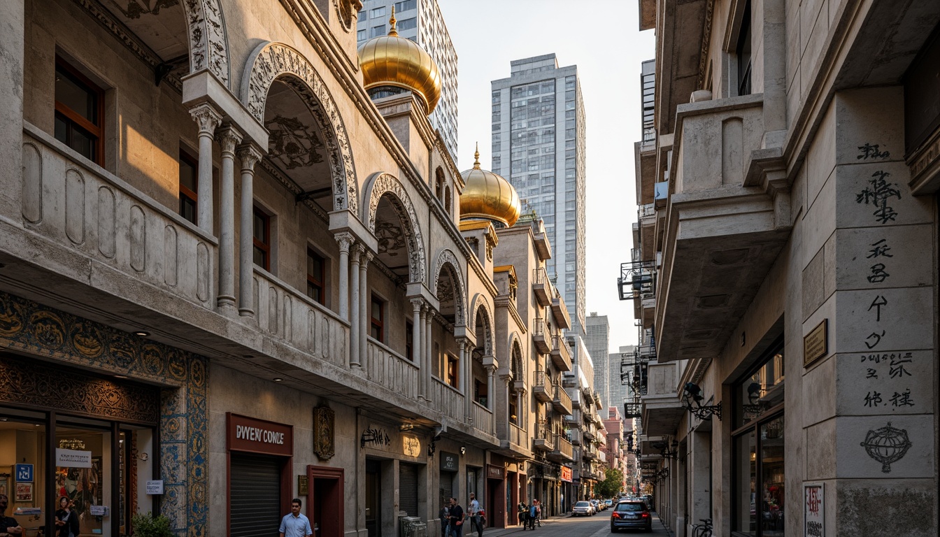 Prompt: Ancient Byzantine-inspired architecture, ornate stone carvings, golden domes, intricate mosaics, grand archways, urban cityscape, bustling streets, modern skyscrapers, vibrant street art, eclectic mix of old and new buildings, warm evening lighting, shallow depth of field, 1/2 composition, cinematic view, realistic textures, ambient occlusion.