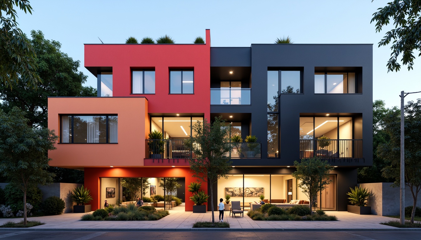 Prompt: Vibrant building facade, contrasting color scheme, harmonious palette, bold accents, monochromatic tones, natural material textures, earthy undertones, calming atmosphere, warm ambient lighting, soft shadow contrasts, 3/4 composition, symmetrical balance, modern architectural style, sleek lines, minimalist decor, urban cityscape, bustling street life, eclectic neighborhood vibe.