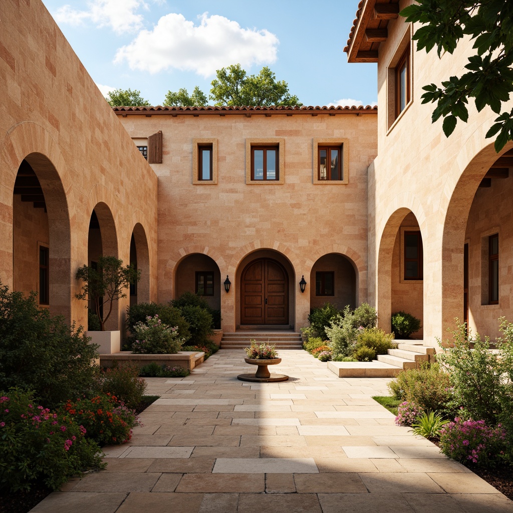 Prompt: Serene monastery courtyard, earthy tone stone walls, warm beige archways, soft apricot-hued stucco, natural wood accents, subtle terracotta roofing, minimalist ornamentation, tranquil water features, lush greenery, vibrant flower arrangements, peaceful ambiance, warm golden lighting, shallow depth of field, 3/4 composition, panoramic view, realistic textures, ambient occlusion.