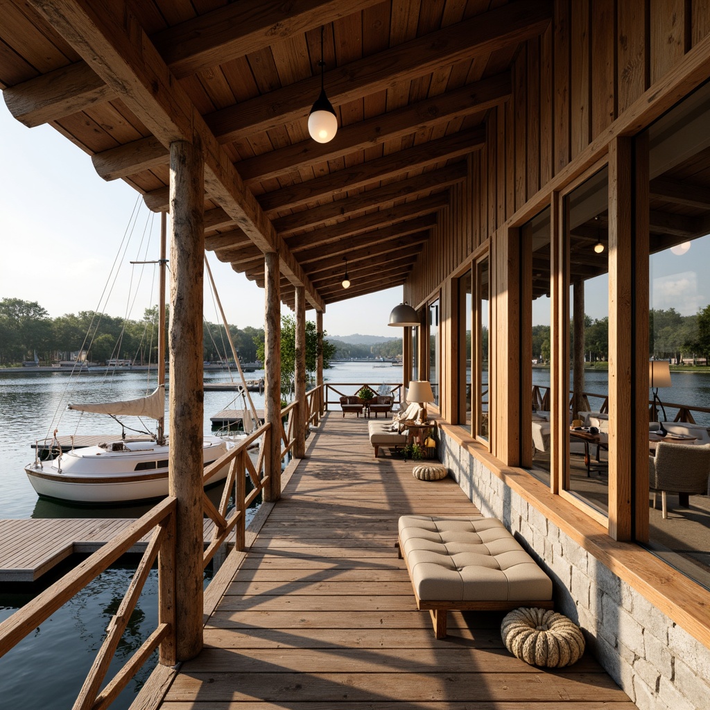 Prompt: Waterfront boathouse, wooden docks, rustic railings, nautical ropes, sailing boats, tranquil lake, soft warm lighting, natural materials, exposed wood beams, stone foundations, large windows, sliding glass doors, cozy interior, plush furniture, vintage nautical decor, warm color palette, shallow depth of field, 1/1 composition, realistic textures, ambient occlusion, serene atmosphere.