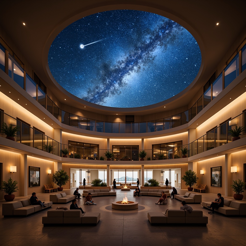 Prompt: Celestial-themed planetarium, academic architectural style, natural lighting, soft warm glow, starry night sky, dome-shaped ceiling, circular seating arrangement, minimalistic decor, sleek lines, modern materials, glass walls, open spaces, subtle color palette, earthy tones, gentle shadows, 1/1 composition, realistic textures, ambient occlusion, spherical projections, astronomy-inspired elements, educational displays, interactive exhibits, futuristic ambiance.