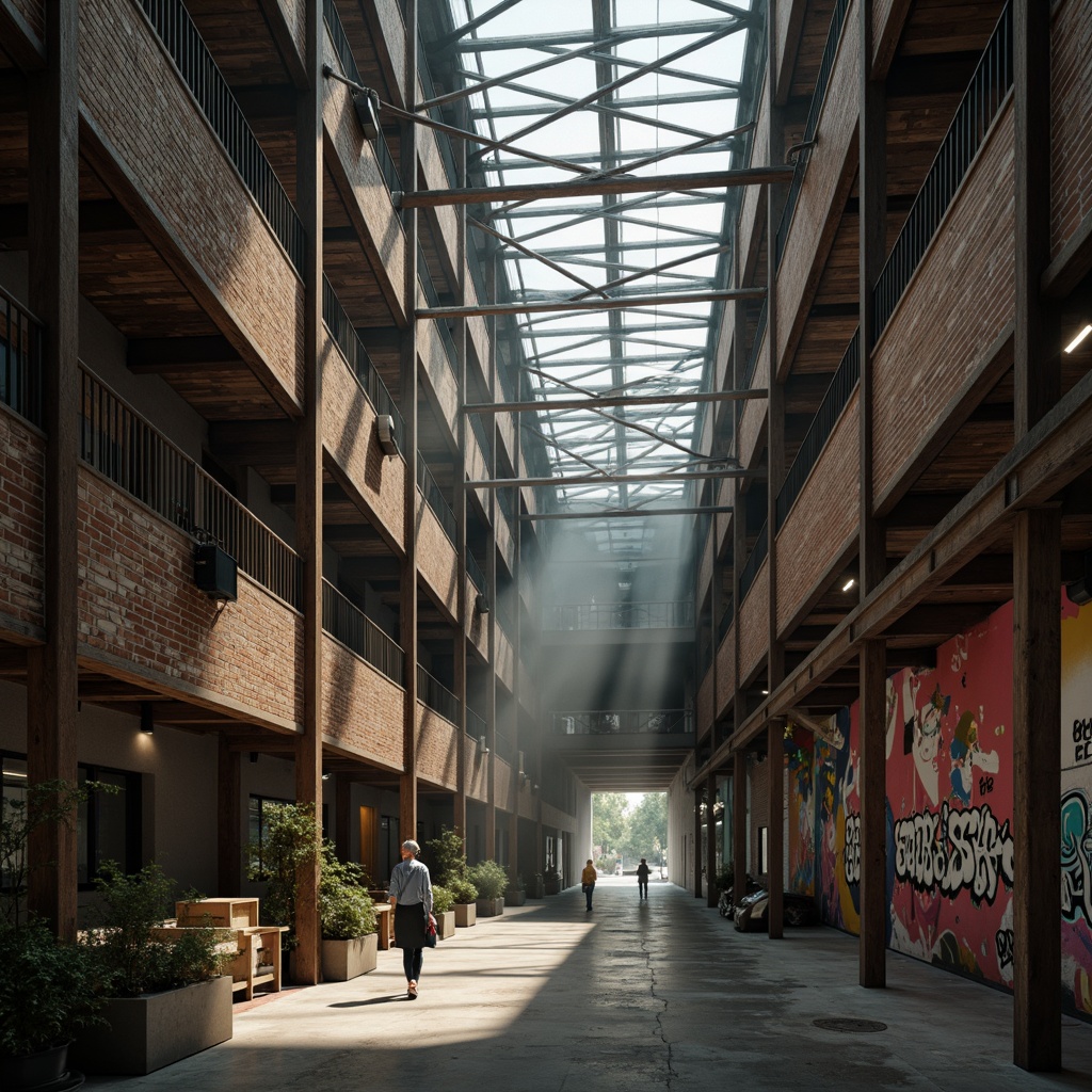 Prompt: Industrial warehouse, exposed brick walls, distressed metal beams, reclaimed wood accents, urban decay textures, atmospheric fog, soft warm lighting, shallow depth of field, 1/2 composition, cinematic framing, realistic rusty tones, ambient occlusion, edgy architectural lines, brutalist concrete structures, deconstructed forms, avant-garde aesthetics, abstract geometric patterns, vibrant graffiti murals, eclectic mix of materials, post-apocalyptic ambiance, dramatic shadows.