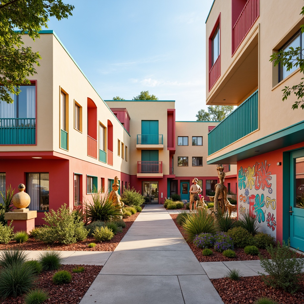 Prompt: Vibrant middle school building, eclectic expressionist architecture, bold primary colors, bright coral accents, turquoise trim, creamy whites, warm beige tones, playful murals, whimsical patterns, irregular shapes, abstract sculptures, dynamic lighting, soft focus, shallow depth of field, 1/2 composition, artistic textures, atmospheric effects.