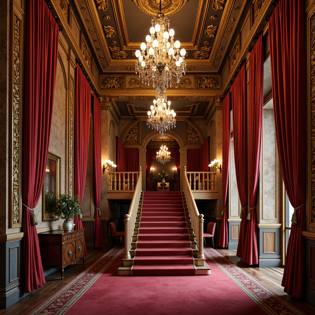 Prompt: Rich velvet curtains, golden ornate frames, crystal chandeliers, luxurious red carpets, intricately carved wooden panels, grand staircase, opulent balconies, decorative archways, lavish fresco ceilings, majestic entrance doors, soft warm lighting, shallow depth of field, 3/4 composition, realistic textures, ambient occlusion.