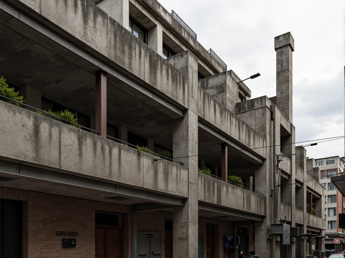 Prompt: Rugged brutalist building, exposed concrete walls, industrial metal beams, raw stone textures, muted earthy tones, weathered steel accents, dramatic shadows, geometric shapes, abstract patterns, urban cityscape, overcast sky, diffused natural light, high contrast ratios, 1/2 composition, atmospheric perspective, cinematic mood, gritty realistic rendering.