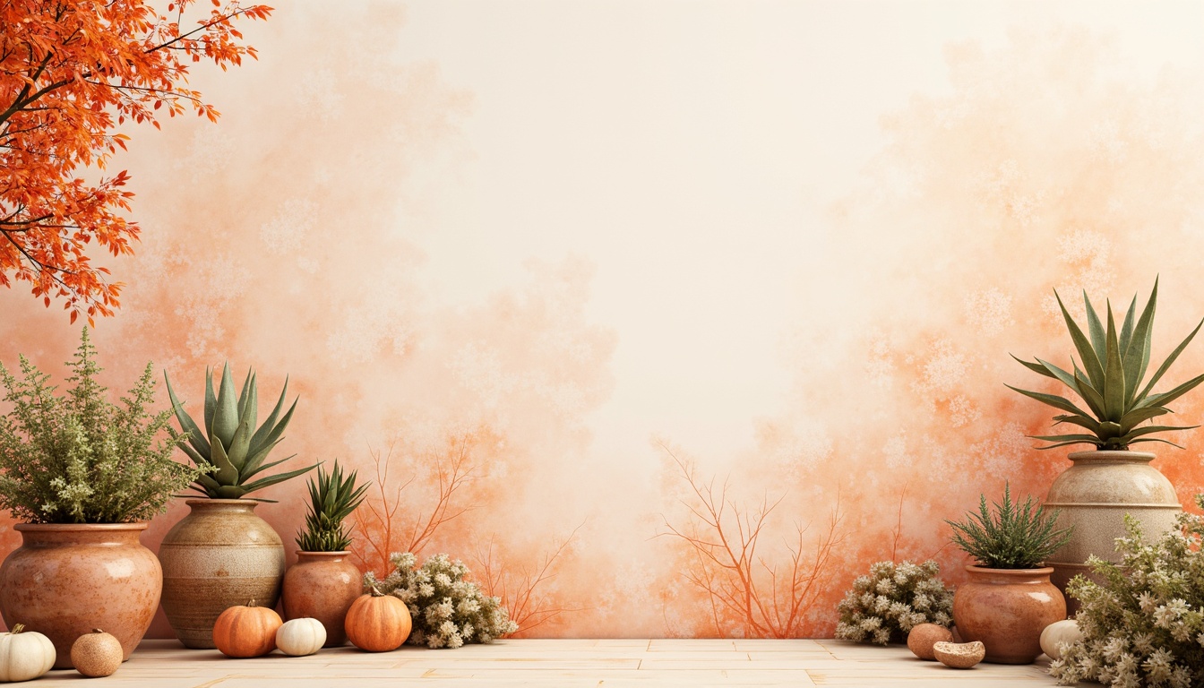 Prompt: Vibrant apricot hues, soft peach undertones, creamy whites, warm beige accents, rich walnut wood tones, natural linen textures, earthy terracotta pots, lush greenery, delicate florals, whimsical watercolor patterns, gentle morning light, subtle gradient transitions, 2.5D composition, atmospheric perspective, dreamy soft focus, romantic warm atmosphere.