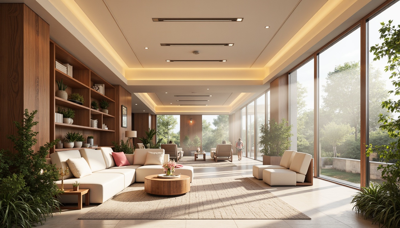 Prompt: Vibrant modern interior, pastel hues, soft peach tones, creamy whites, rich wood accents, metallic gold details, plush textiles, natural stone floors, abundant greenery, floor-to-ceiling windows, warm ambient lighting, shallow depth of field, 1/1 composition, realistic renderings, atmospheric mist.