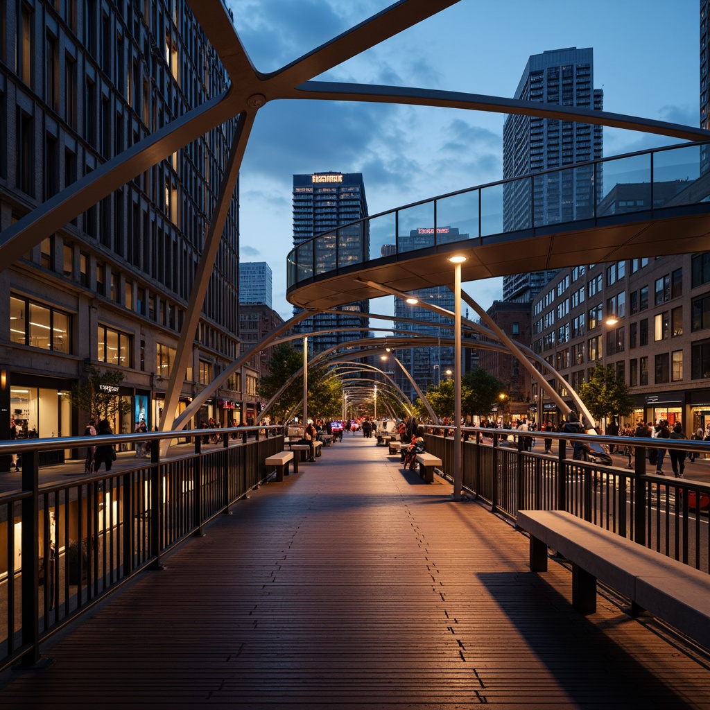 Prompt: Curved pedestrian bridge, modern steel structure, suspended walkway, urban cityscape, busy streets, vibrant streetlights, evening atmosphere, warm golden lighting, shallow depth of field, 1/2 composition, low-angle view, realistic reflections, ambient occlusion, metallic railings, glass barriers, wooden decking, dynamic shapes, fluid lines, innovative engineering solutions, safety features, accessibility ramps.