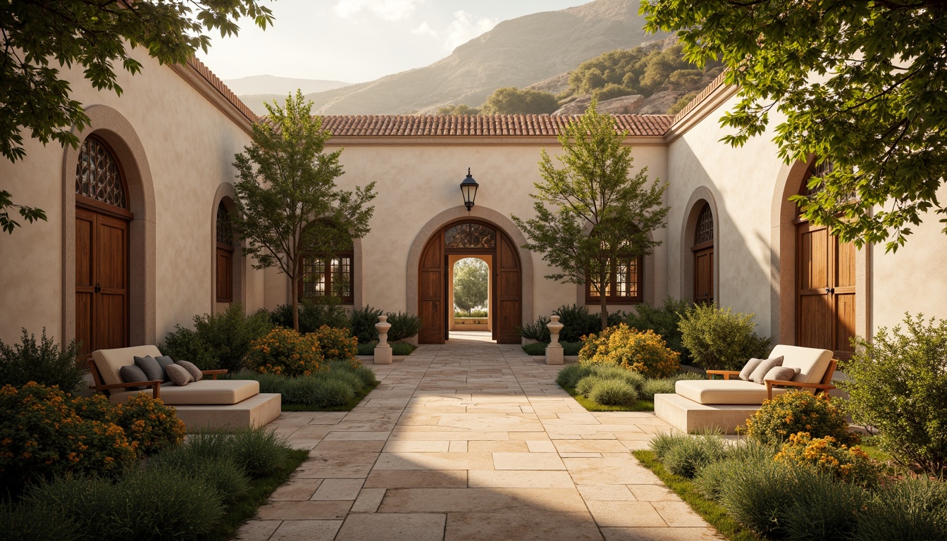 Prompt: Soothing monastery courtyard, serene stone walls, rustic wooden doors, intricate stained glass windows, warm golden lighting, natural earthy tones, soft cream-colored stucco, elegant arches, ornate carvings, peaceful cloisters, lush greenery, vibrant flowers, subtle texture overlays, atmospheric misting effects, cinematic depth of field, 1/2 composition, symmetrical framing, warm gentle shadows, realistic weathered materials.