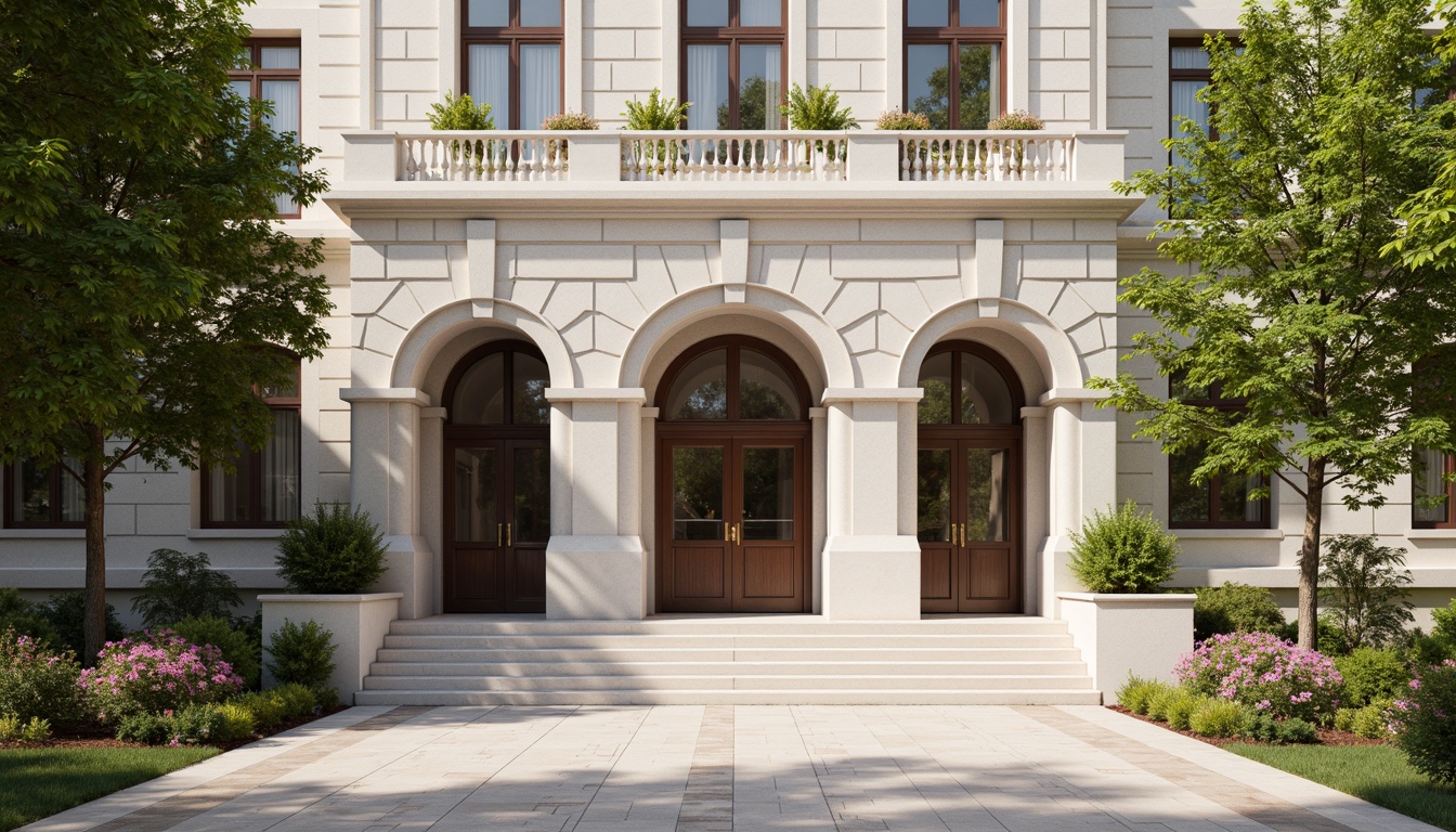 Prompt: Institutional building facade, classical columns, ornate detailing, neutral color palette, stone walls, grand entrance, symmetrical composition, balanced proportions, subtle arches, traditional architecture, educational signage, lush greenery, blooming flowers, sunny day, soft warm lighting, shallow depth of field, 3/4 composition, panoramic view, realistic textures, ambient occlusion.