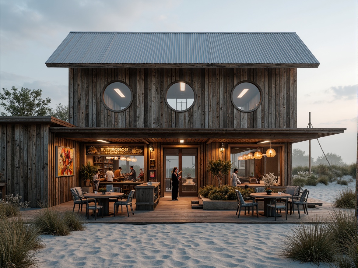 Prompt: Rustic coastal pub, weathered wooden facade, driftwood accents, nautical ropes, porthole windows, ocean-inspired color palette, sandy dunes, sea salt air, misty morning light, shallow depth of field, 1/2 composition, warm soft focus, realistic textures, ambient occlusion, distressed wood textures, corrugated metal roofing, marine-grade materials, beachy vibe, laid-back atmosphere, casual seating areas, surfboard-inspired decor, fishing net patterns.